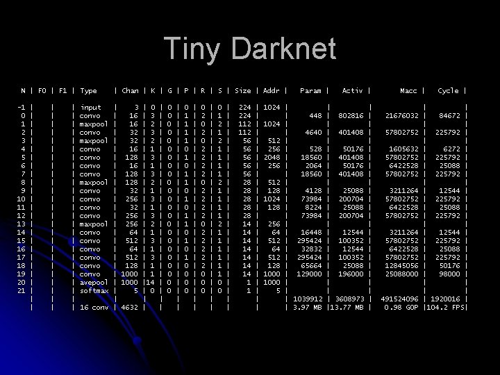 Tiny Darknet N | F 0 | F 1 | Type -1 0 1