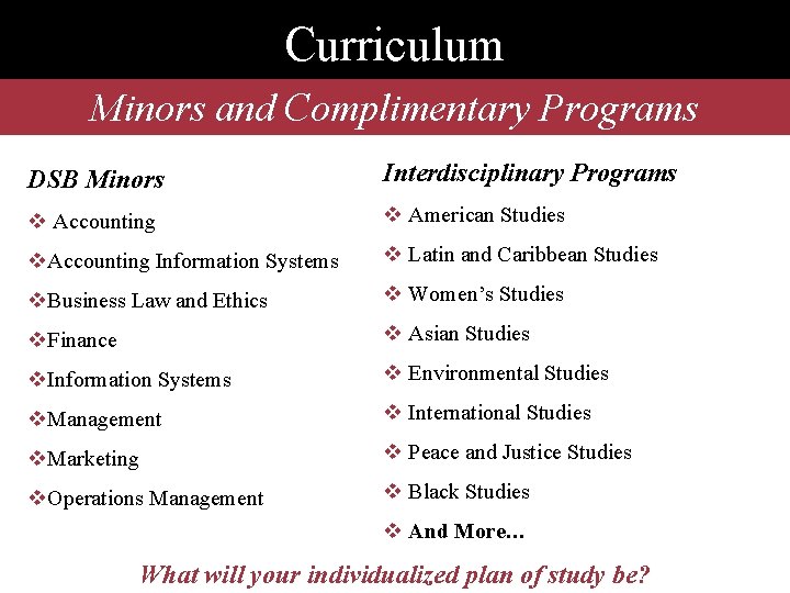 Curriculum Minors and Complimentary Programs DSB Minors Interdisciplinary Programs v Accounting v American Studies