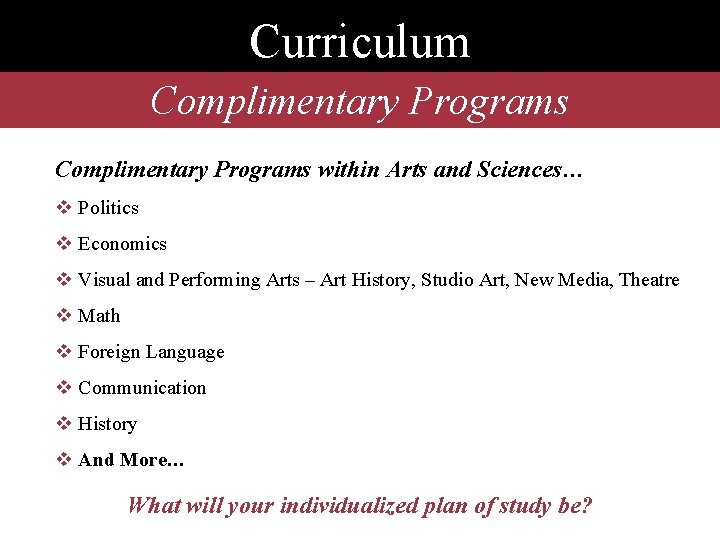 Curriculum Complimentary Programs within Arts and Sciences… v Politics v Economics v Visual and