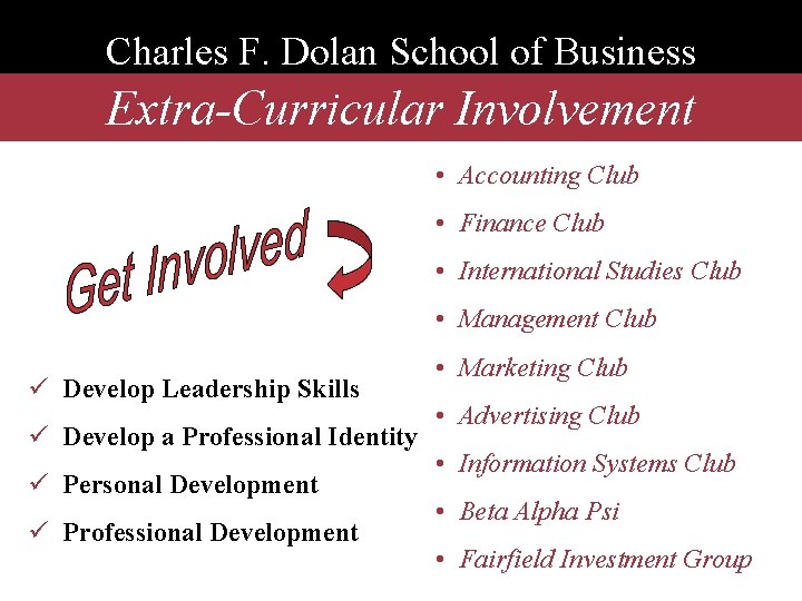 Charles F. Dolan School of Business Extra-Curricular Involvement • Accounting Club • Finance Club