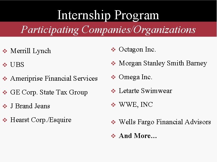 Internship Program Participating Companies/Organizations v Merrill Lynch v Octagon Inc. v UBS v Morgan