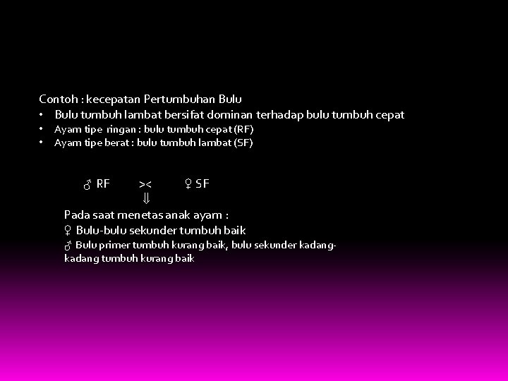 Contoh : kecepatan Pertumbuhan Bulu • Bulu tumbuh lambat bersifat dominan terhadap bulu tumbuh