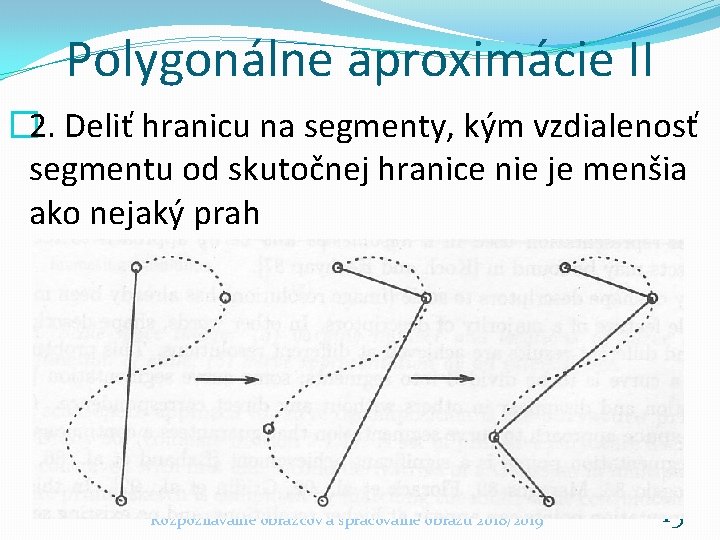 Polygonálne aproximácie II � 2. Deliť hranicu na segmenty, kým vzdialenosť segmentu od skutočnej