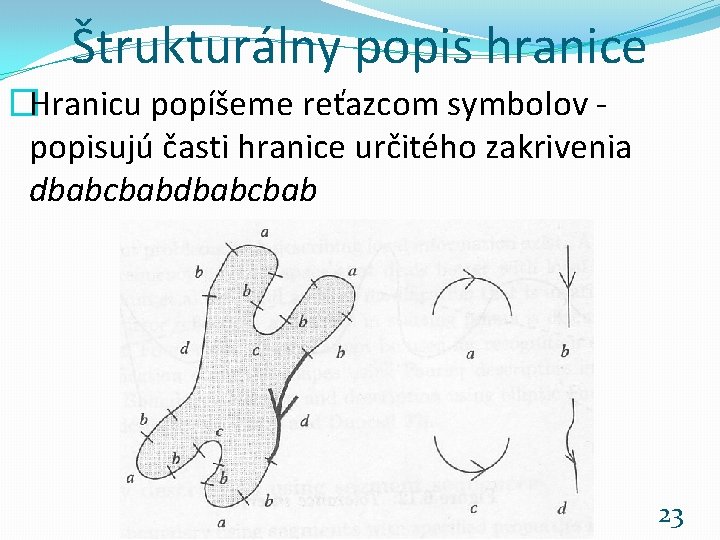 Štrukturálny popis hranice �Hranicu popíšeme reťazcom symbolov popisujú časti hranice určitého zakrivenia dbabcbab Rozpoznávanie