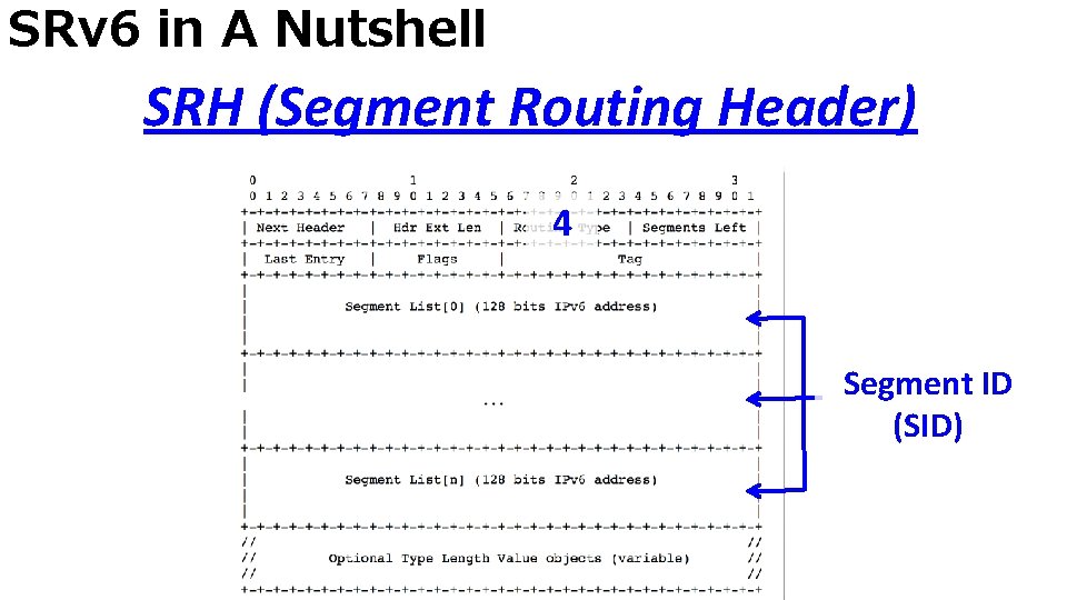 SRv 6 in A Nutshell SRH (Segment Routing Header) 4 Segment ID (SID) 