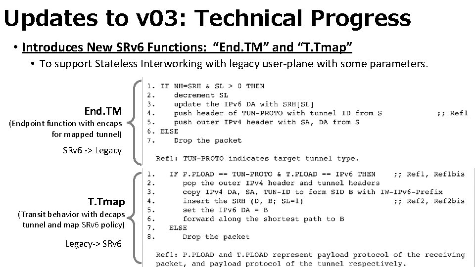 Updates to v 03: Technical Progress • Introduces New SRv 6 Functions: “End. TM”