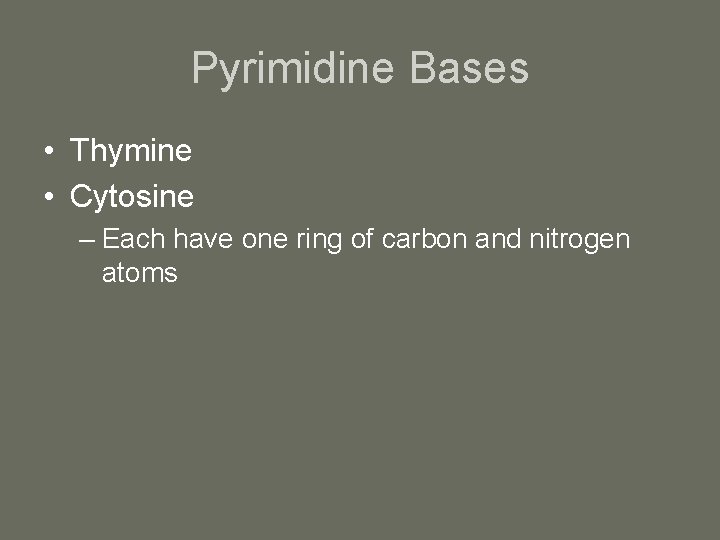 Pyrimidine Bases • Thymine • Cytosine – Each have one ring of carbon and
