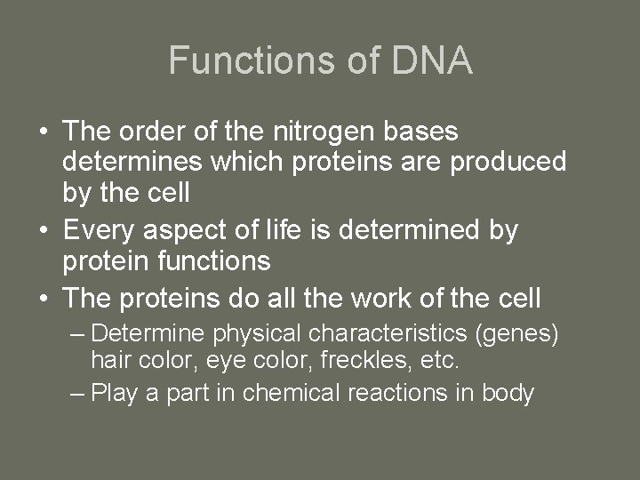 Functions of DNA • The order of the nitrogen bases determines which proteins are