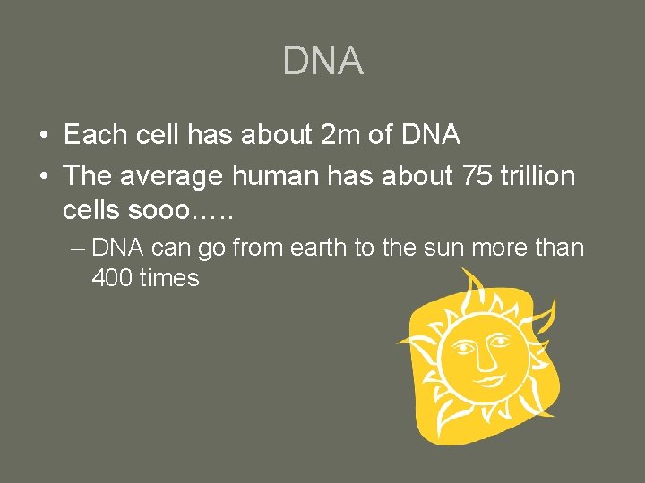 DNA • Each cell has about 2 m of DNA • The average human