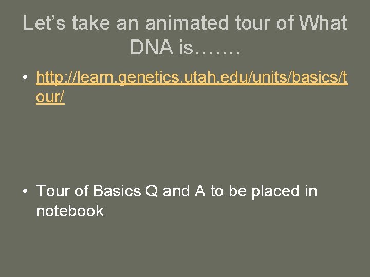 Let’s take an animated tour of What DNA is……. • http: //learn. genetics. utah.