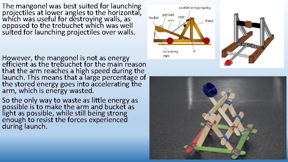 The mangonel was best suited for launching projectiles at lower angles to the horizontal,