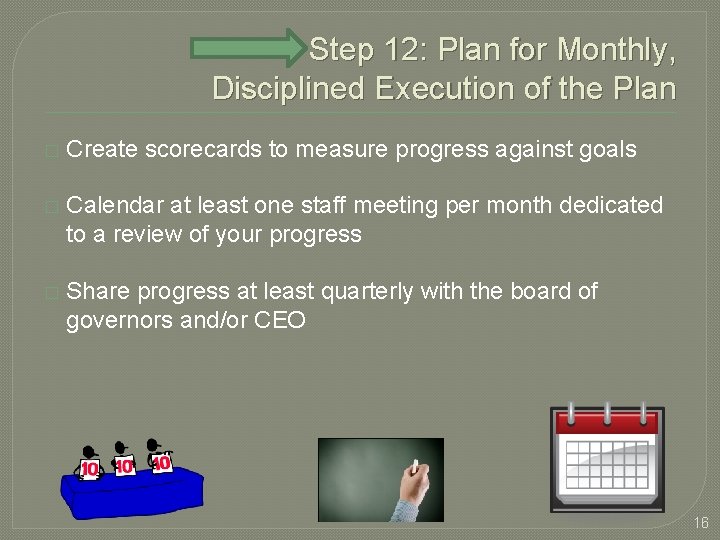 Step 12: Plan for Monthly, Disciplined Execution of the Plan � Create scorecards to