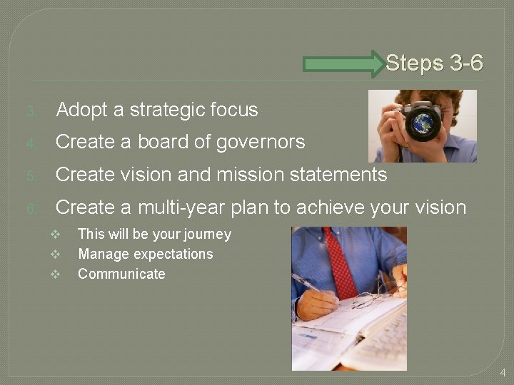 Steps 3 -6 3. Adopt a strategic focus 4. Create a board of governors