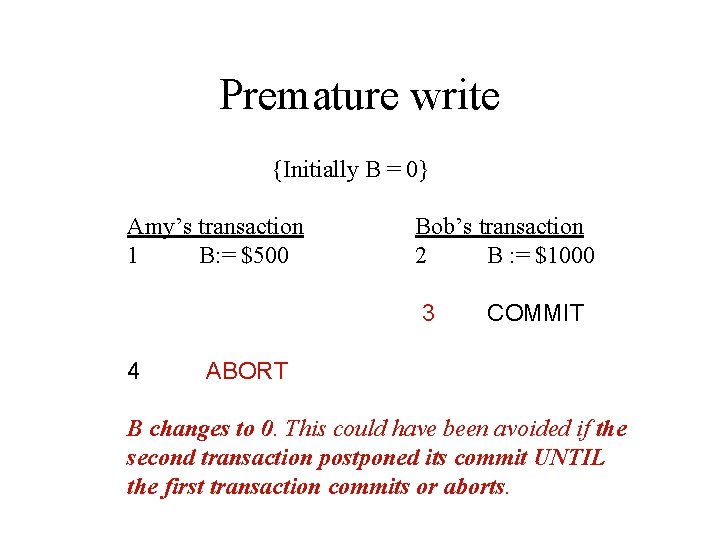 Premature write {Initially B = 0} Amy’s transaction 1 B: = $500 Bob’s transaction