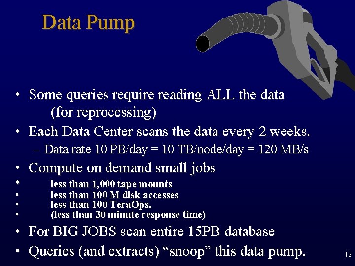 Data Pump • Some queries require reading ALL the data (for reprocessing) • Each