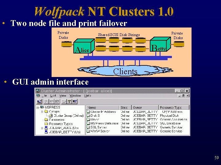 Wolfpack NT Clusters 1. 0 • Two node file and print failover Private Disks