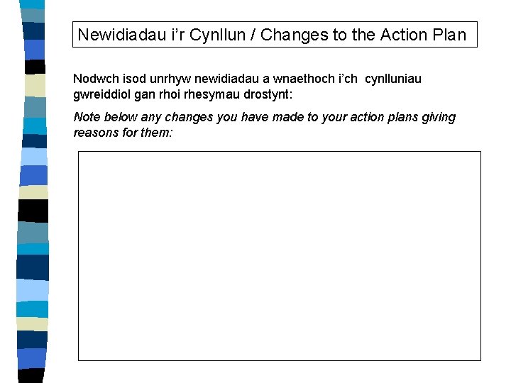 Newidiadau i’r Cynllun / Changes to the Action Plan Nodwch isod unrhyw newidiadau a