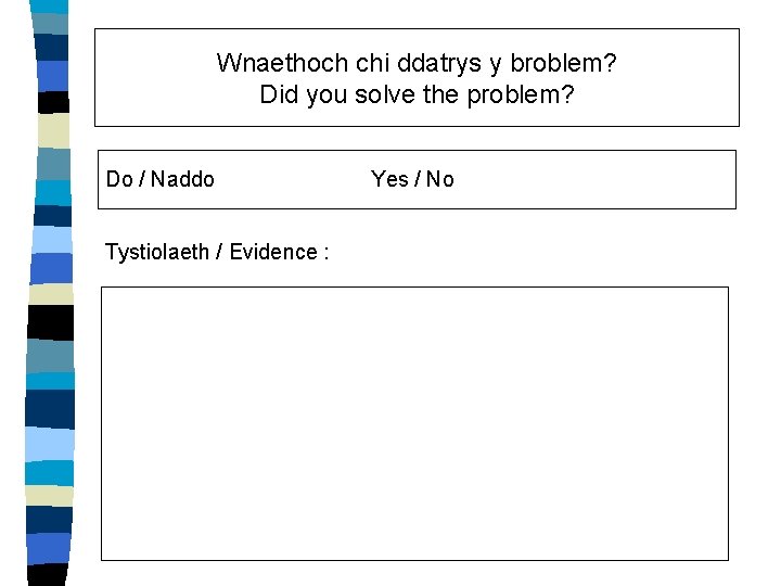 Wnaethoch chi ddatrys y broblem? Did you solve the problem? Do / Naddo Tystiolaeth