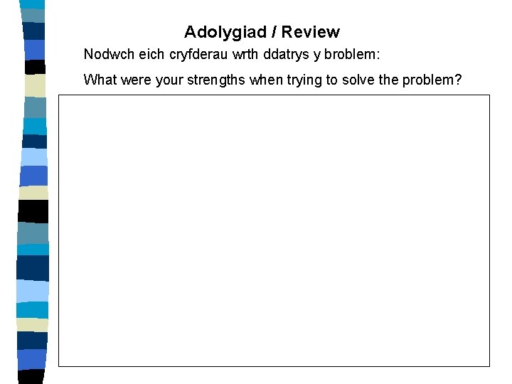 Adolygiad / Review Nodwch eich cryfderau wrth ddatrys y broblem: What were your strengths