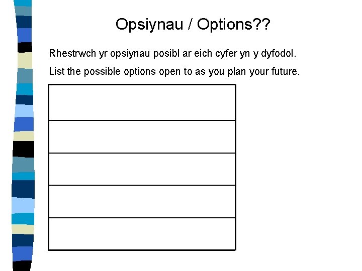 Opsiynau / Options? ? Rhestrwch yr opsiynau posibl ar eich cyfer yn y dyfodol.