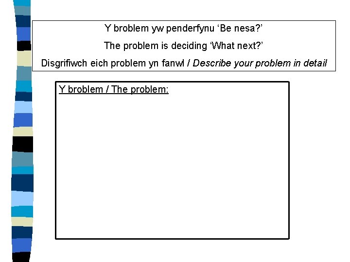Y broblem yw penderfynu ‘Be nesa? ’ The problem is deciding ‘What next? ’