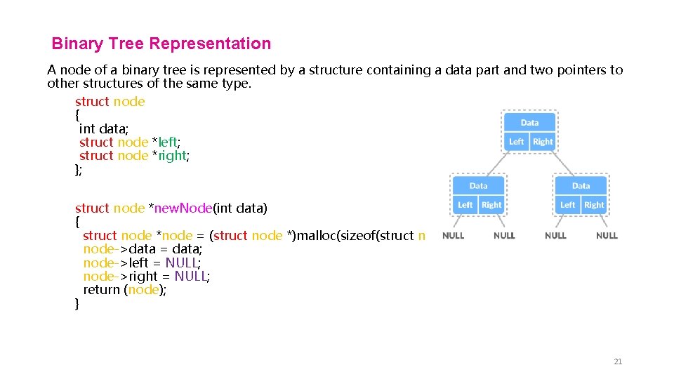 Binary Tree Representation A node of a binary tree is represented by a structure