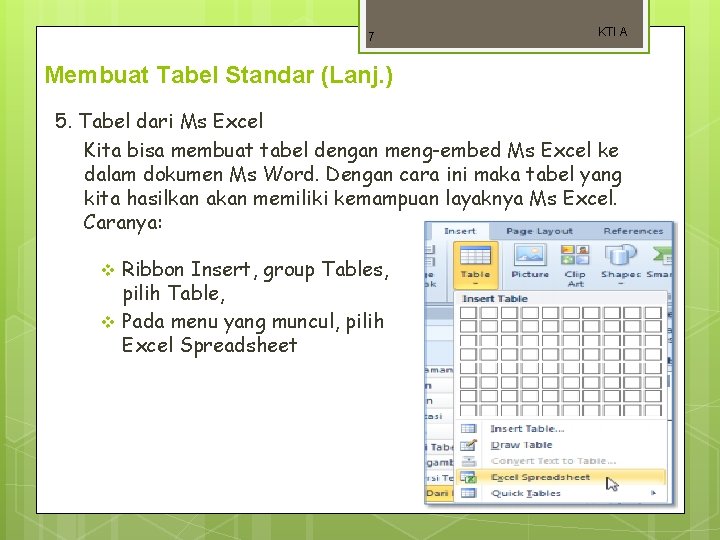 7 KTI A Membuat Tabel Standar (Lanj. ) 5. Tabel dari Ms Excel Kita