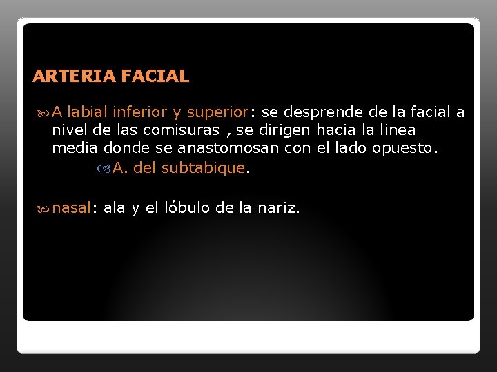 ARTERIA FACIAL A labial inferior y superior: se desprende de la facial a nivel