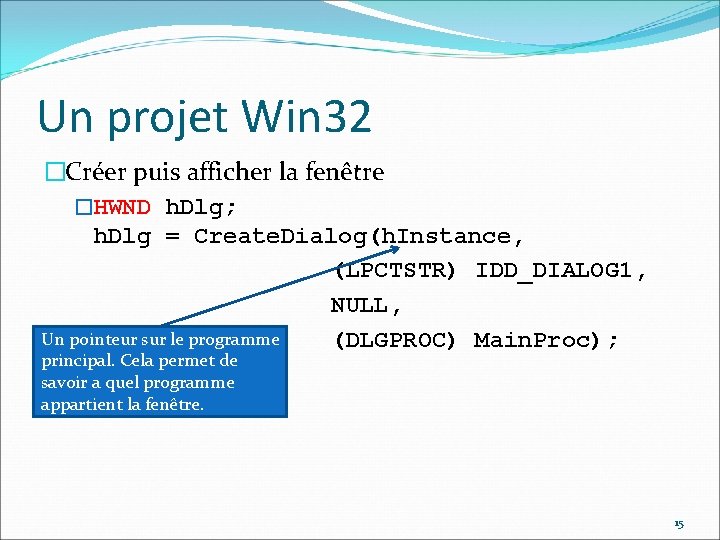 Un projet Win 32 �Créer puis afficher la fenêtre �HWND h. Dlg; h. Dlg