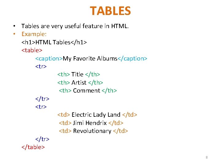 TABLES • Tables are very useful feature in HTML. • Example: <h 1>HTML Tables</h