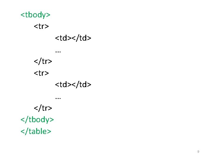 <tbody> <tr> <td></td> … </tr> </tbody> </table> 9 