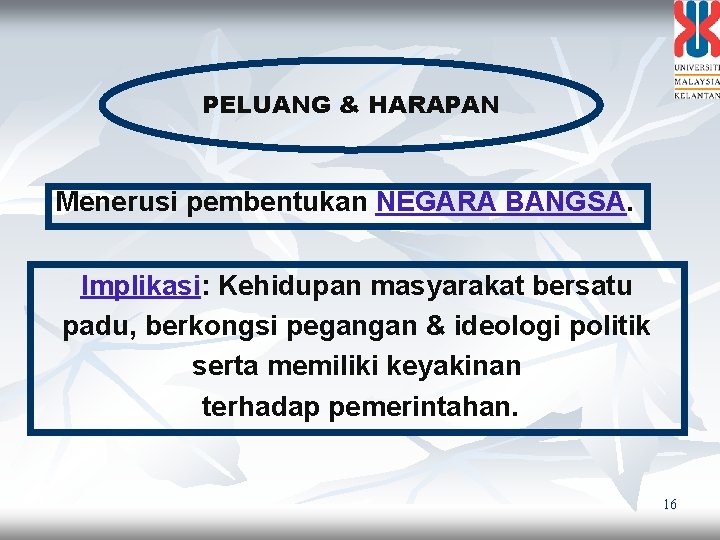 PELUANG & HARAPAN Menerusi pembentukan NEGARA BANGSA. Implikasi: Kehidupan masyarakat bersatu padu, berkongsi pegangan