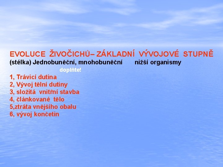 EVOLUCE ŽIVOČICHŮ– ZÁKLADNÍ VÝVOJOVÉ STUPNĚ (stélka) Jednobuněční, mnohobuněční doplňte! 1, Trávicí dutina 2, Vývoj