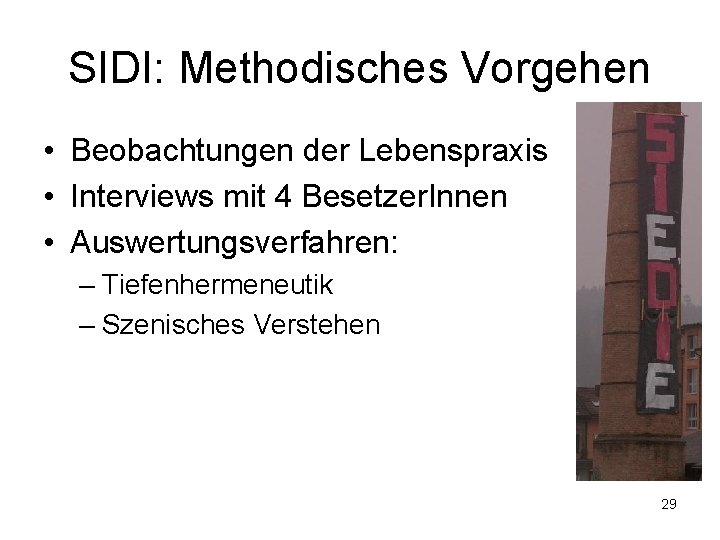 SIDI: Methodisches Vorgehen • Beobachtungen der Lebenspraxis • Interviews mit 4 Besetzer. Innen •