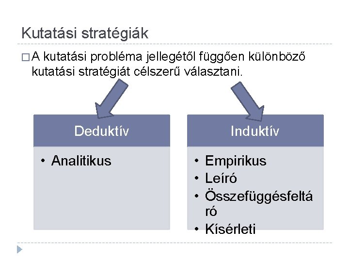 Kutatási stratégiák �A kutatási probléma jellegétől függően különböző kutatási stratégiát célszerű választani. Deduktív •