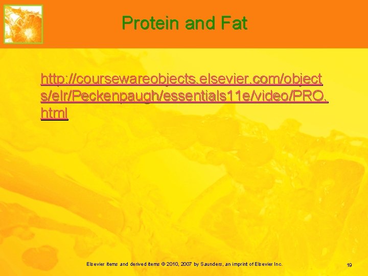Protein and Fat http: //coursewareobjects. elsevier. com/object s/elr/Peckenpaugh/essentials 11 e/video/PRO. html Elsevier items and