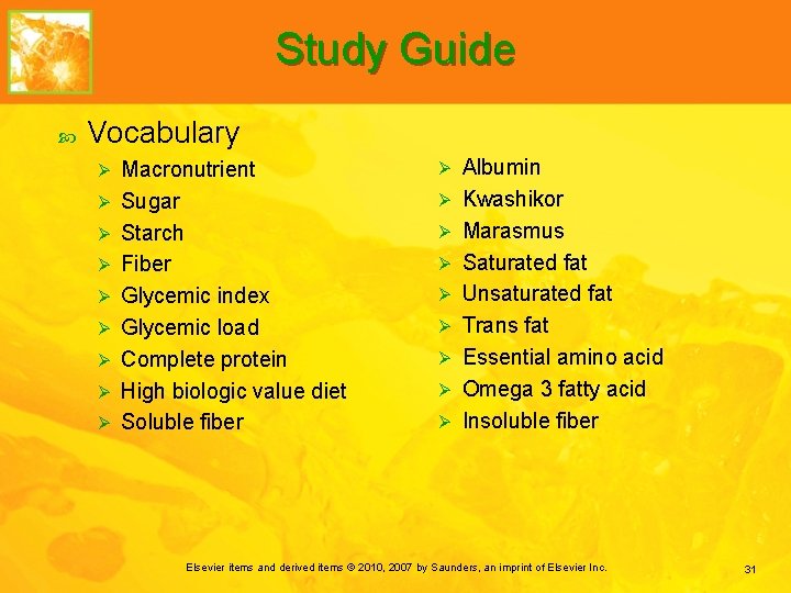 Study Guide Vocabulary Ø Ø Ø Ø Ø Macronutrient Sugar Starch Fiber Glycemic index