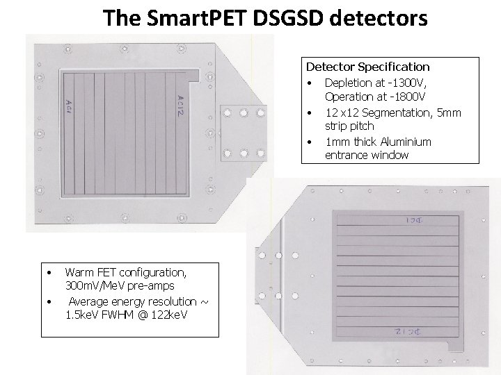 The Smart. PET DSGSD detectors Detector Specification • Depletion at -1300 V, Operation at