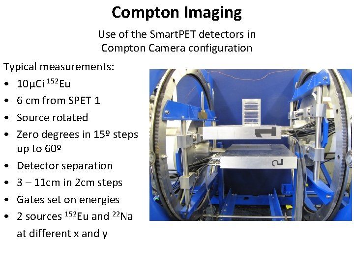 Compton Imaging Use of the Smart. PET detectors in Compton Camera configuration Typical measurements: