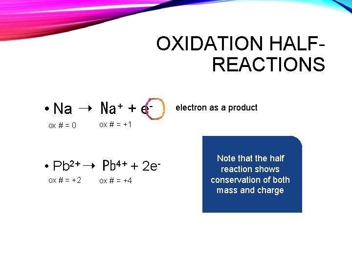 OXIDATION HALFREACTIONS • Na ➝ Na + + eox # = 0 • Pb