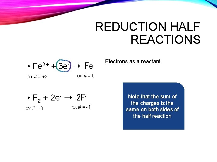 REDUCTION HALF REACTIONS • Fe 3+ ox # = +3 + 3 e- ➝