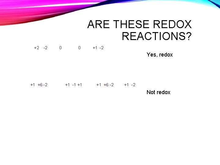 ARE THESE REDOX REACTIONS? +2 -2 0 0 +1 -2 Yes, redox • Cu.