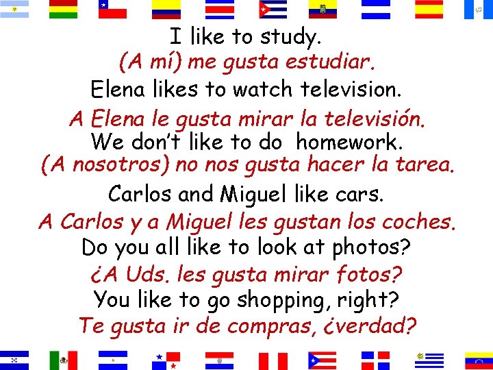 I like to study. (A mí) me gusta estudiar. Elena likes to watch television.