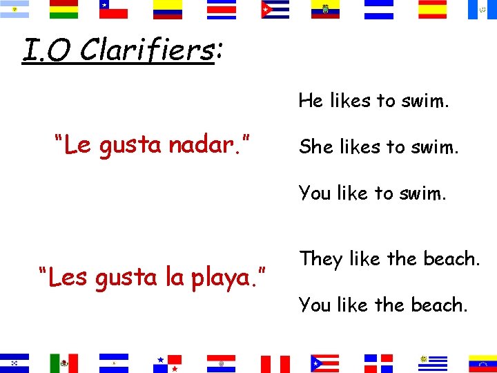 I. O Clarifiers: He likes to swim. “Le gusta nadar. ” She likes to