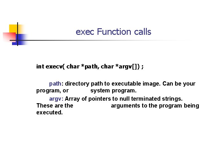 exec Function calls int execv( char *path, char *argv[]) ; path: directory path to