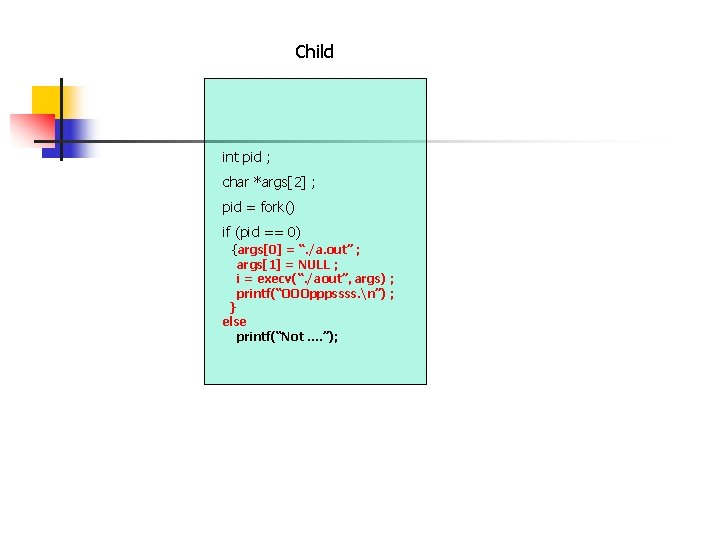 Child int pid ; char *args[2] ; pid = fork() if (pid == 0)