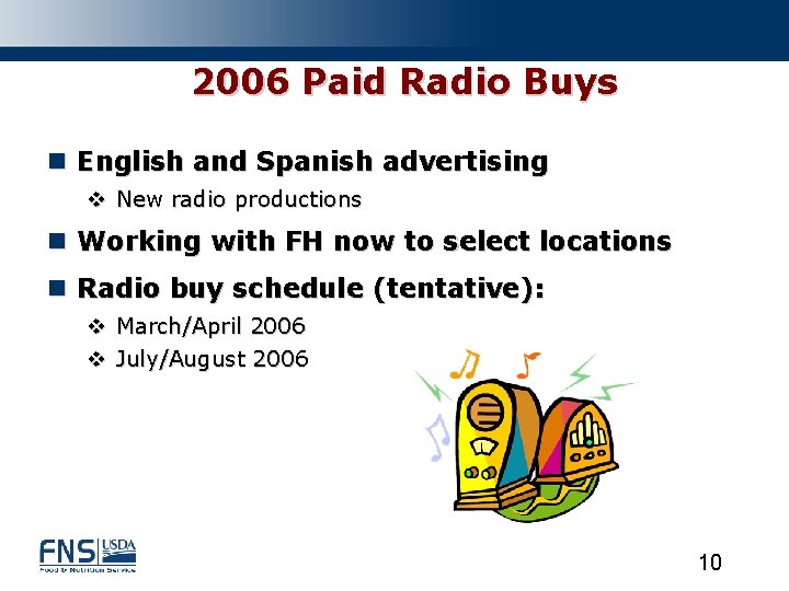 2006 Paid Radio Buys n English and Spanish advertising v New radio productions n