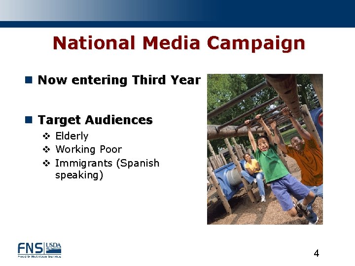 National Media Campaign n Now entering Third Year n Target Audiences v Elderly v