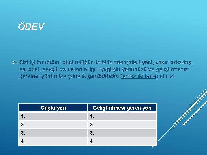 ÖDEV Sizi iyi tanıdığını düşündüğünüz birisinden(aile üyesi, yakın arkadaş, eş, dost, sevgili vs. )