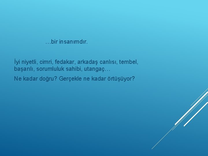 …bir insanımdır. İyi niyetli, cimri, fedakar, arkadaş canlısı, tembel, başarılı, sorumluluk sahibi, utangaç… Ne